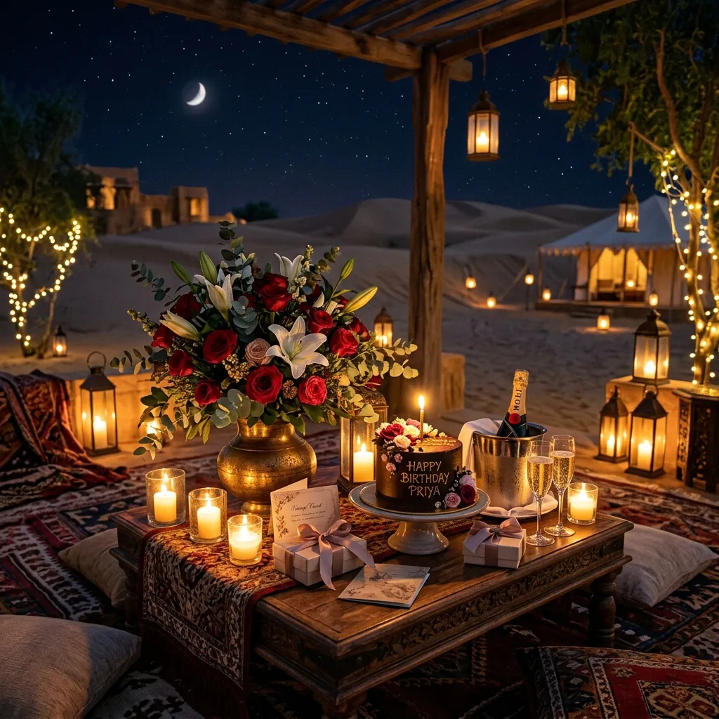 Midnight birthday surprise setup in Bikaner with flowers and candles