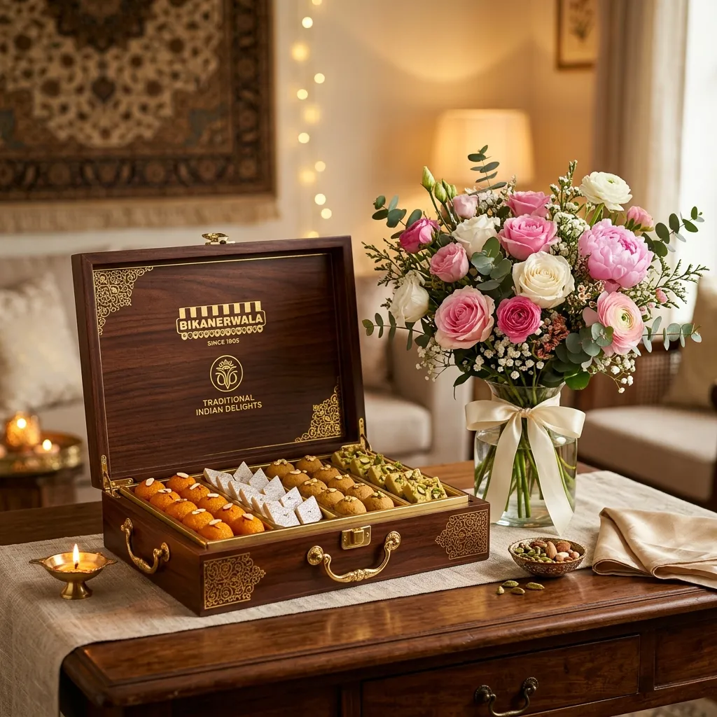 Traditional Bikaner Sweets Box with Handmade Flowers