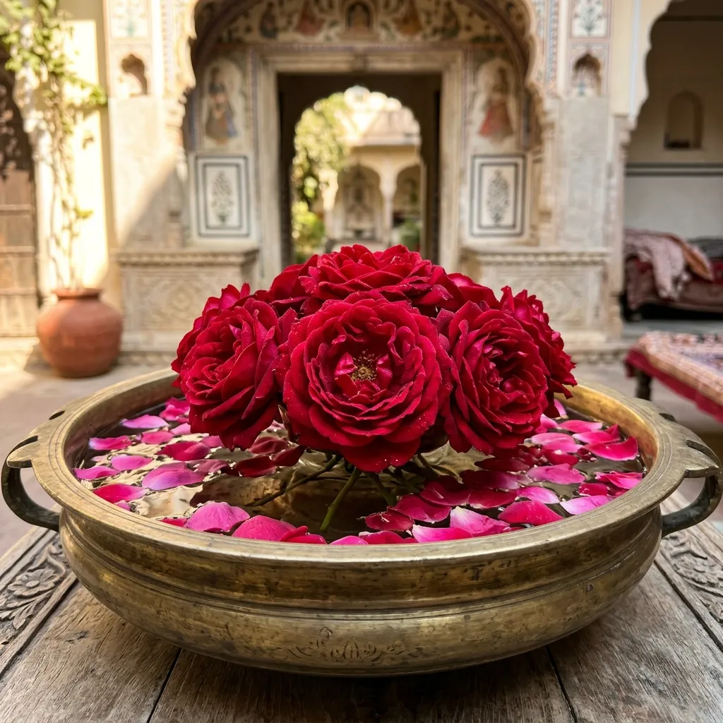 Traditional Indian Desi Gulab roses floating in a brass urli