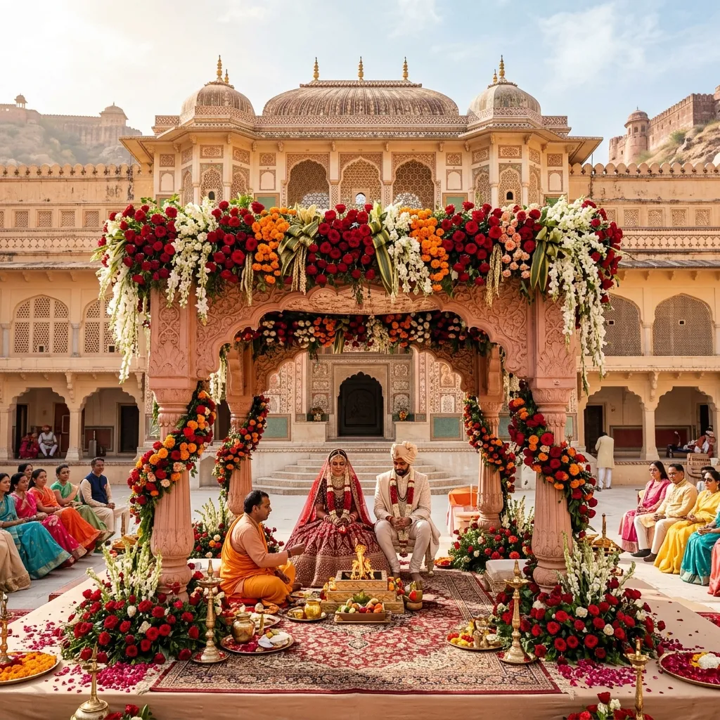 Beautiful floral mandap at a Jaipur heritage palace